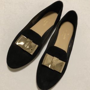 Kate Spade Silina Suede Lofters Gold Bow Flat Shoes Black Size 7.5